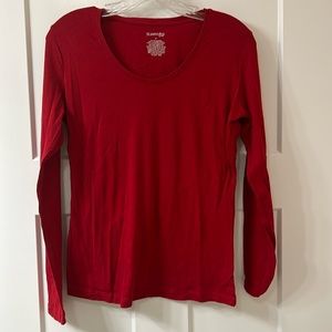 Festive women’s red long sleeve shirt.